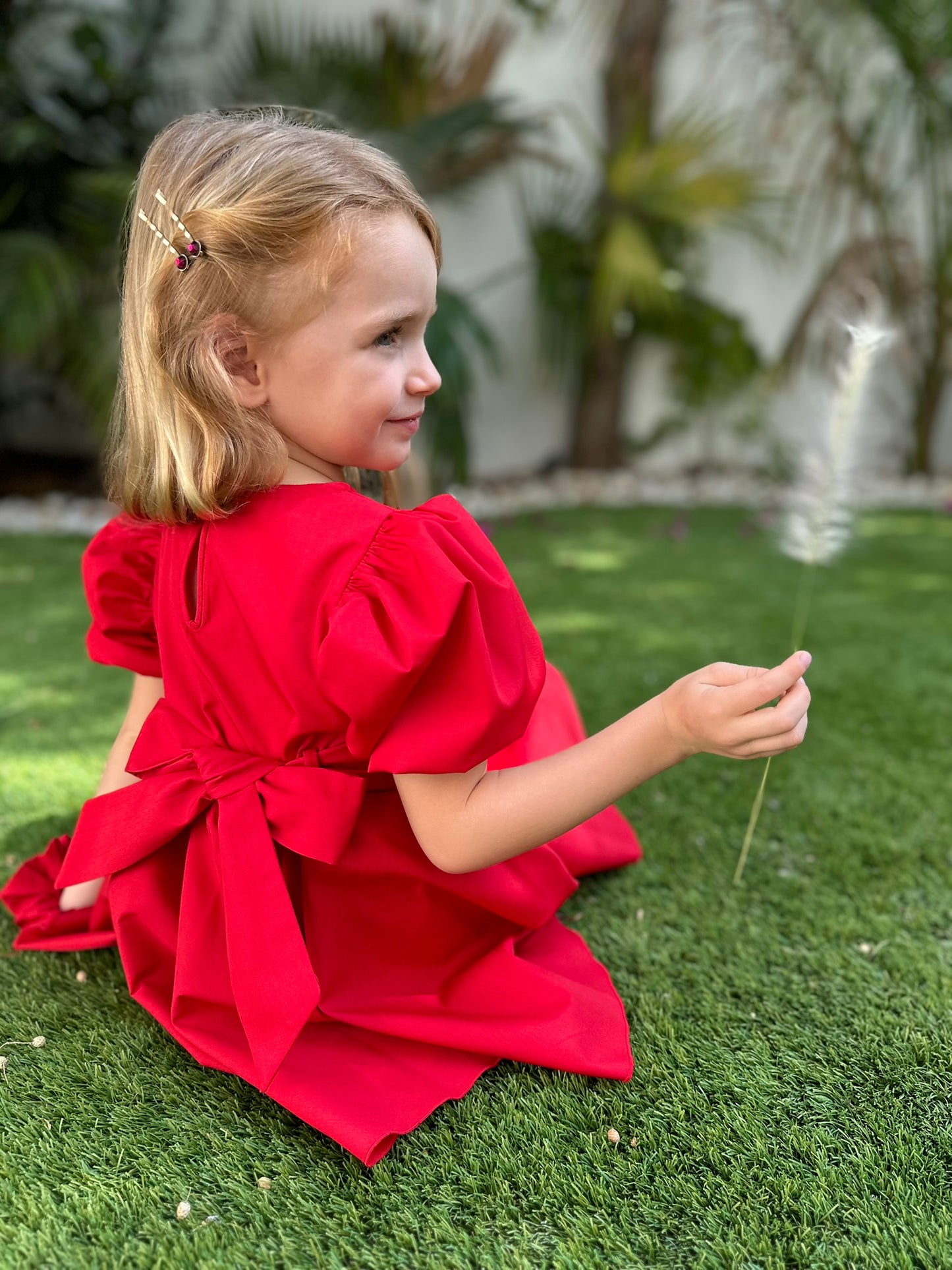 Poppy - Cotton mix dress with puffy sleeves and removable belt