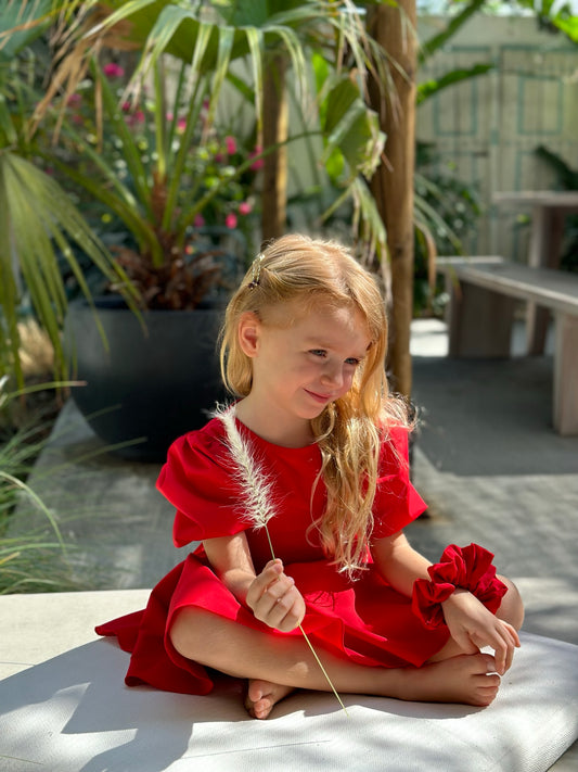 Poppy - Cotton mix dress with puffy sleeves and removable belt