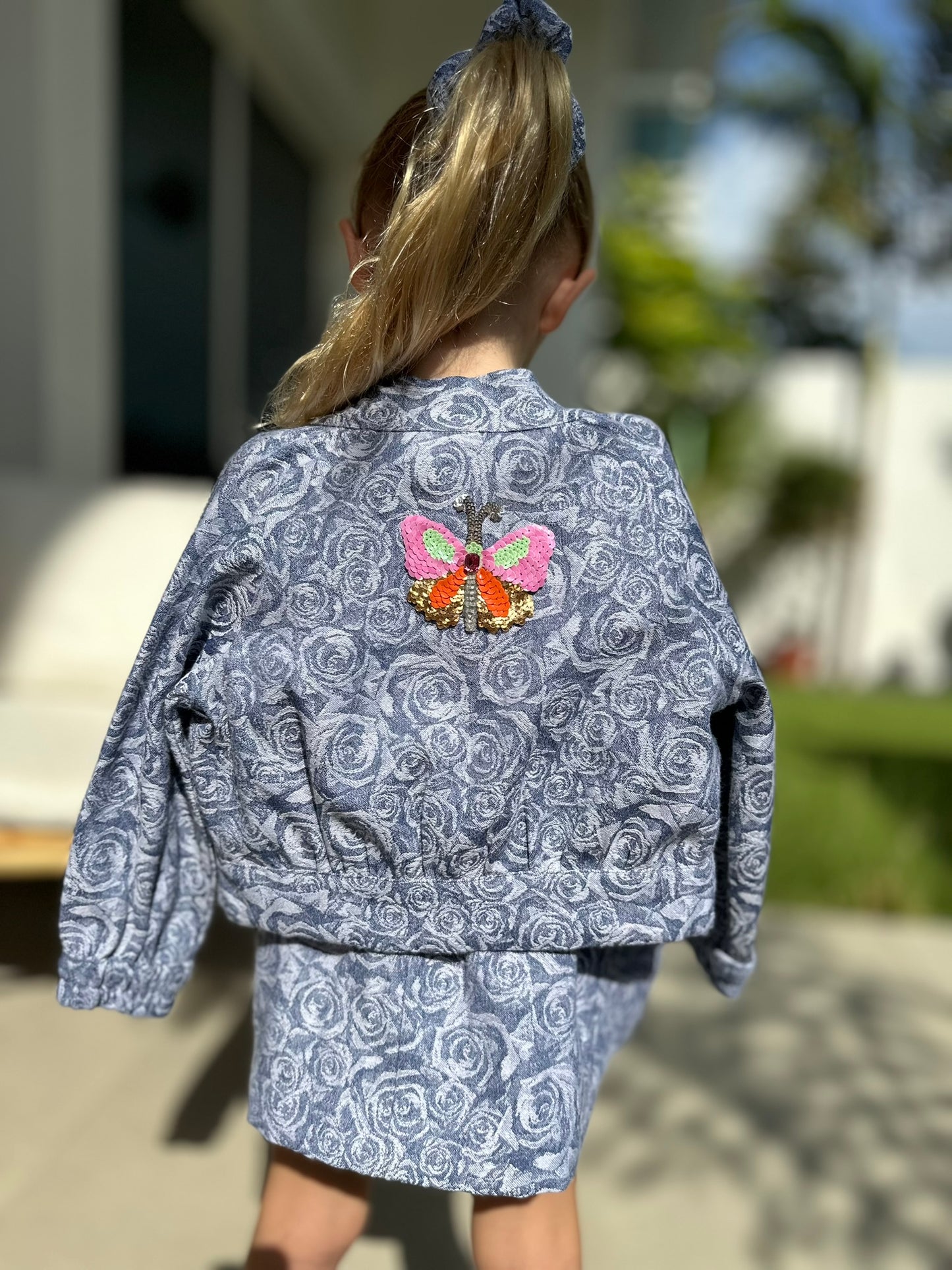 Rose-Denim Bomber Jacket