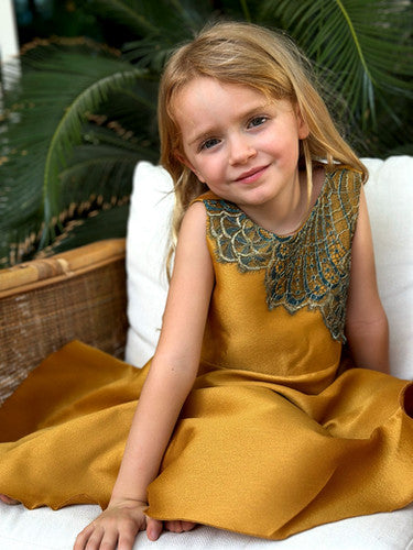 Tribulus - Gold Brocade Dress with Lace Details
